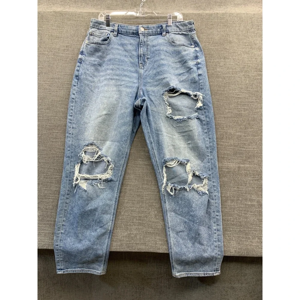 American Eagle Outfitters Curvy Mom Jeans Women 16 Blue Denim Stretch Distressed